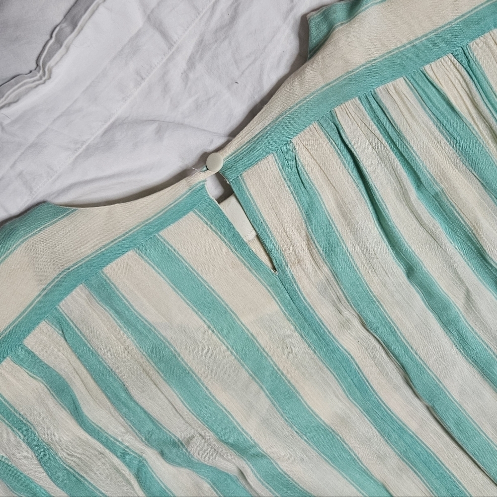 Vintage 80s Phoebe Peplum Midi Dress Aqua Green Ivory Stripe Rayon sz 5-6 - Picture 3 of 9